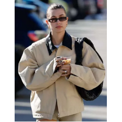 Hailey Bieber Beige Trucker Jacket